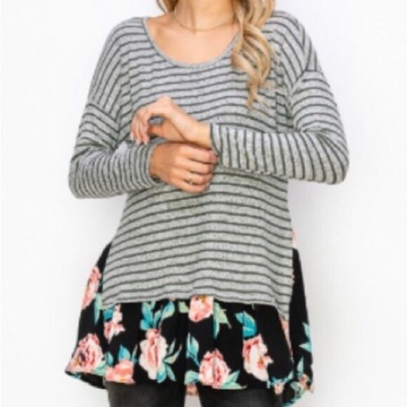 NEW Striped Knit Top with Floral Ruffle in Grey/Black/Pink/Green Women’s XXXL - Picture 2 of 7
